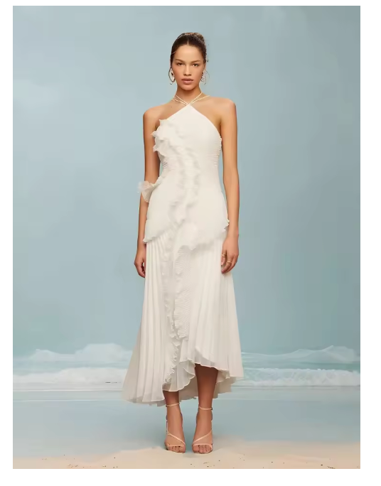 Ruffled Pleated Halterneck Dress Summer Irregular Hem Dresses Party Club Evening Gown Clothing