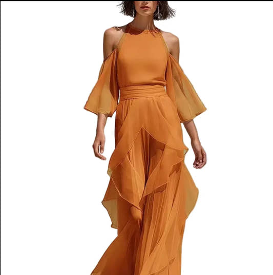Women's chiffon blouse and flare sleeve straight-leg pants set — front view in orange 