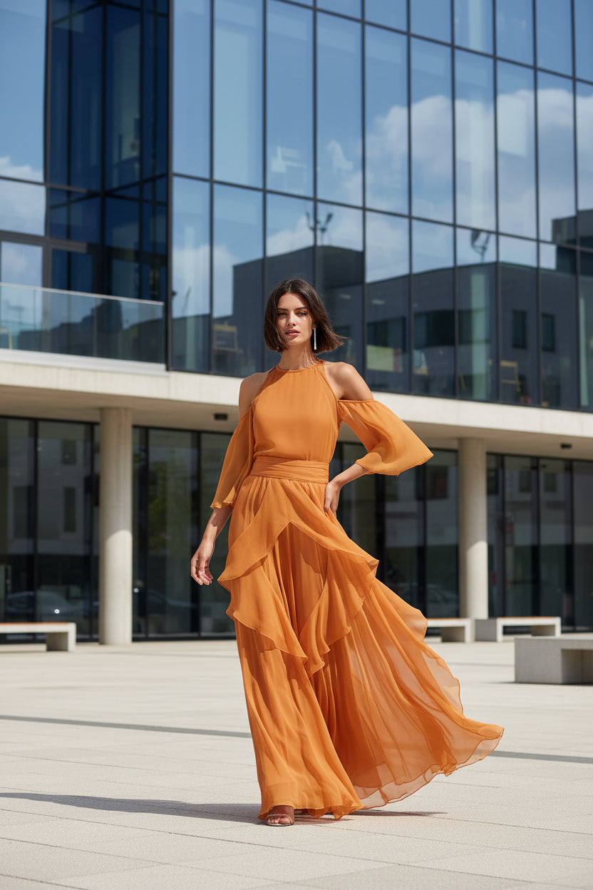 Women's chiffon blouse and flare sleeve straight-leg pants set — front view in orange 