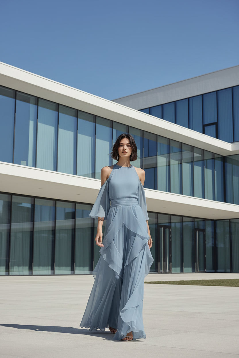 Women's straight-leg chiffon pants set in light blue— front view showing full-length silhouette