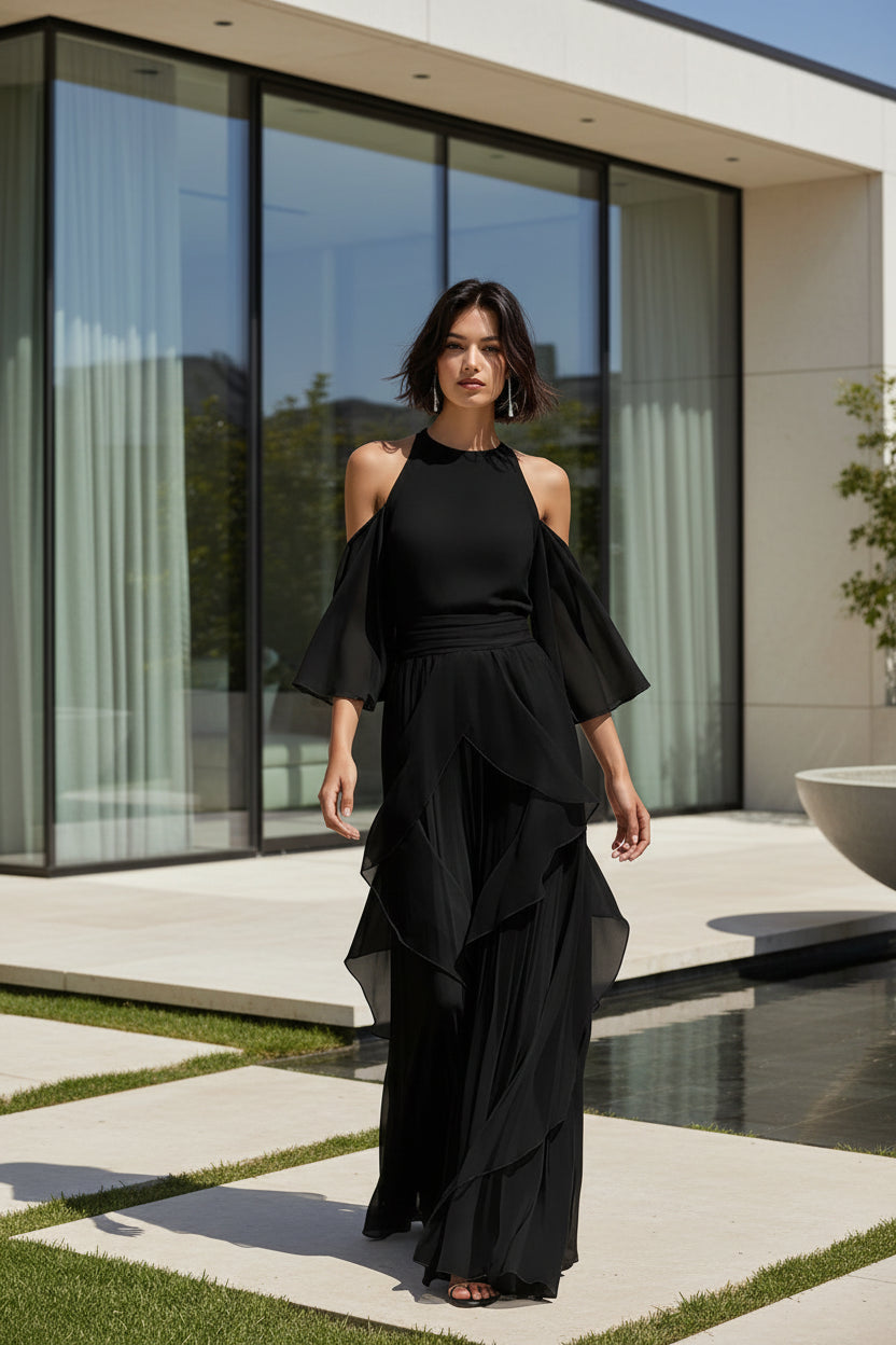 Women's chiffon blouse and pants set in black— full length front view