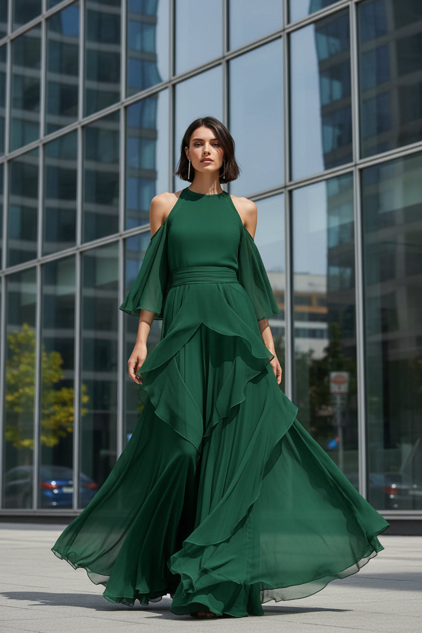 Green Chiffon co-ord set with ruffled flare sleeves and straight-leg pants 