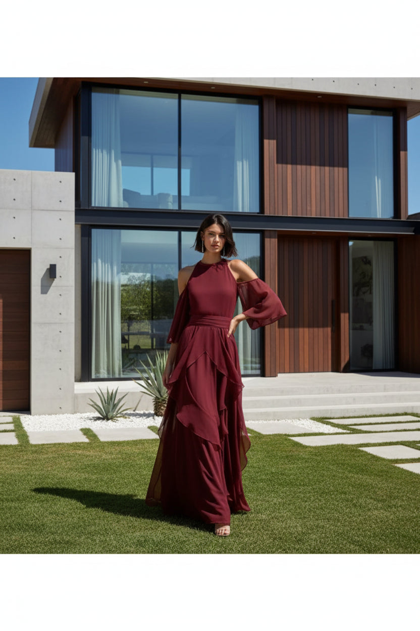 Chiffon co-ord set with ruffled flare sleeves and straight-leg pants in burgundy 