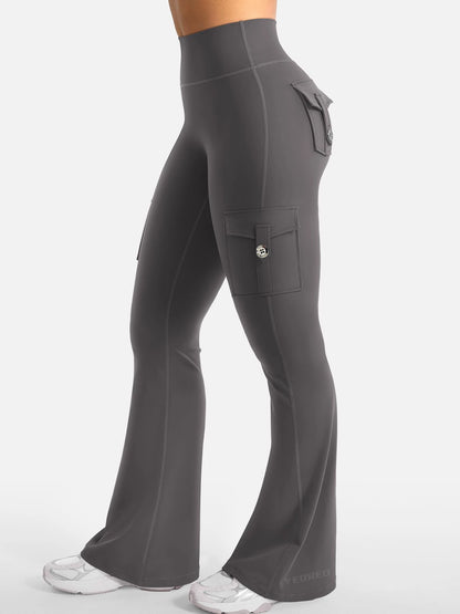 Butt lifting flare cargo leggings - back view full length

