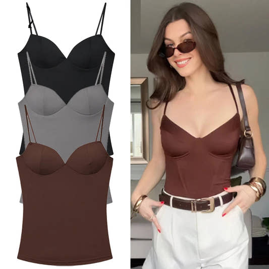 Three spandex tank tops in black, gray, and brown with a model wearing a brown tank top.