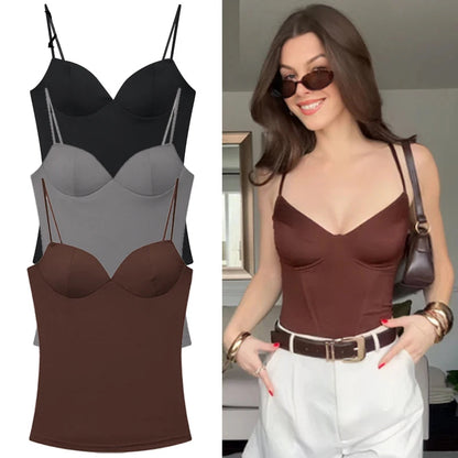 Three spandex tank tops in black, gray, and brown with a model wearing a brown tank top.