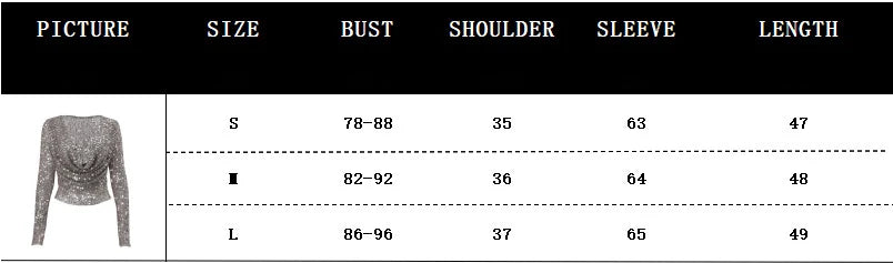 Clothing size chart with measurements for bust, shoulder, sleeve, and length.