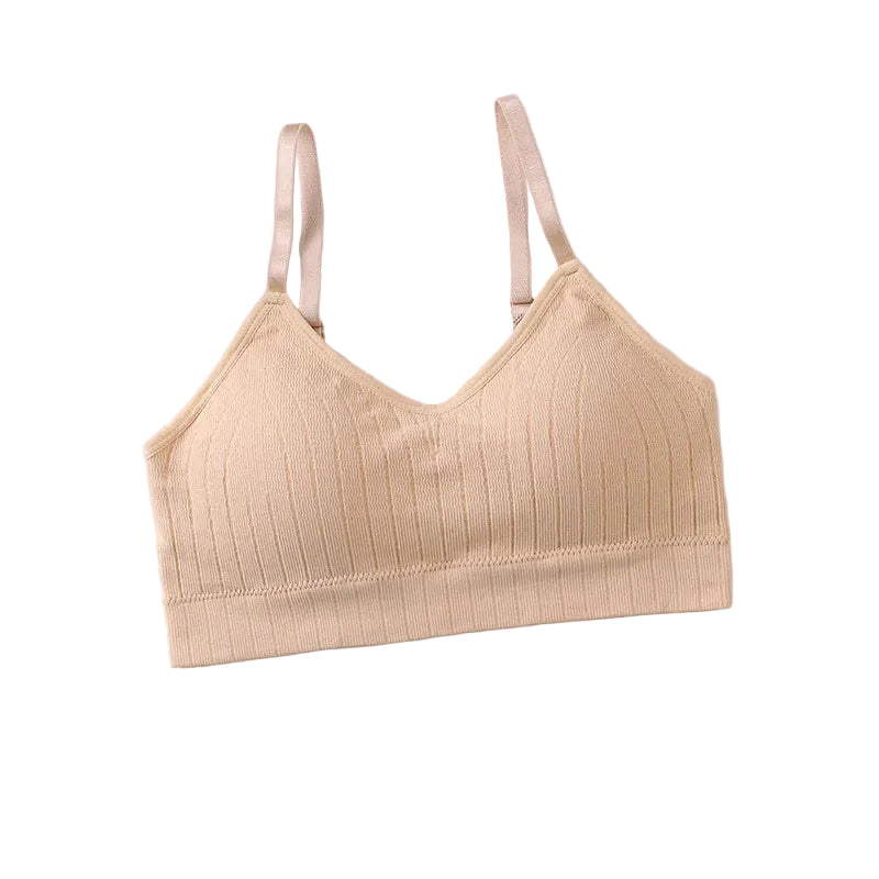 Close-up of ribbed knit fabric texture on cami bralette
