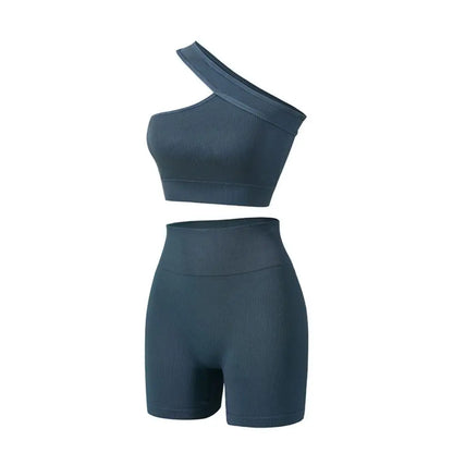 2-piece workout set with crop top and biker shorts - back view
