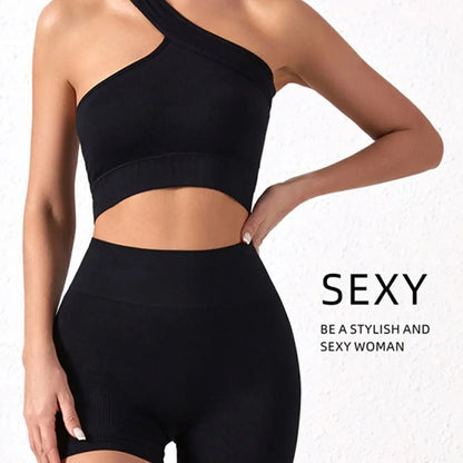 One shoulder crop top with built-in bra and removable padding
