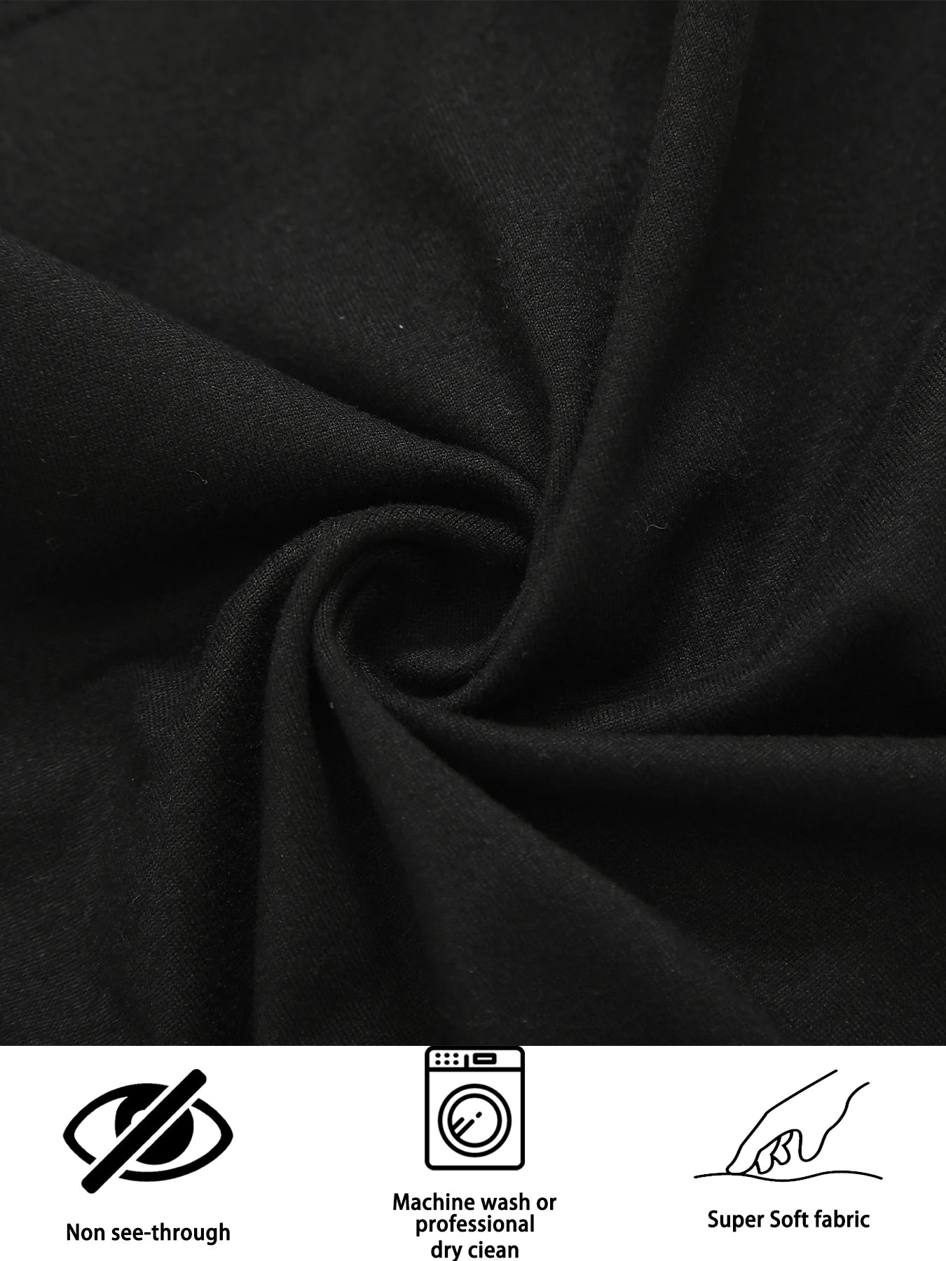 Close-up of black fabric with care label icons at the bottom