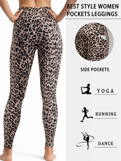 Leopard print leggings with side pockets, yoga, running, and dance icons