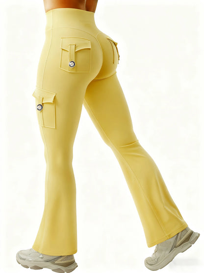 Multiple utility pockets with button closures on cargo leggings
