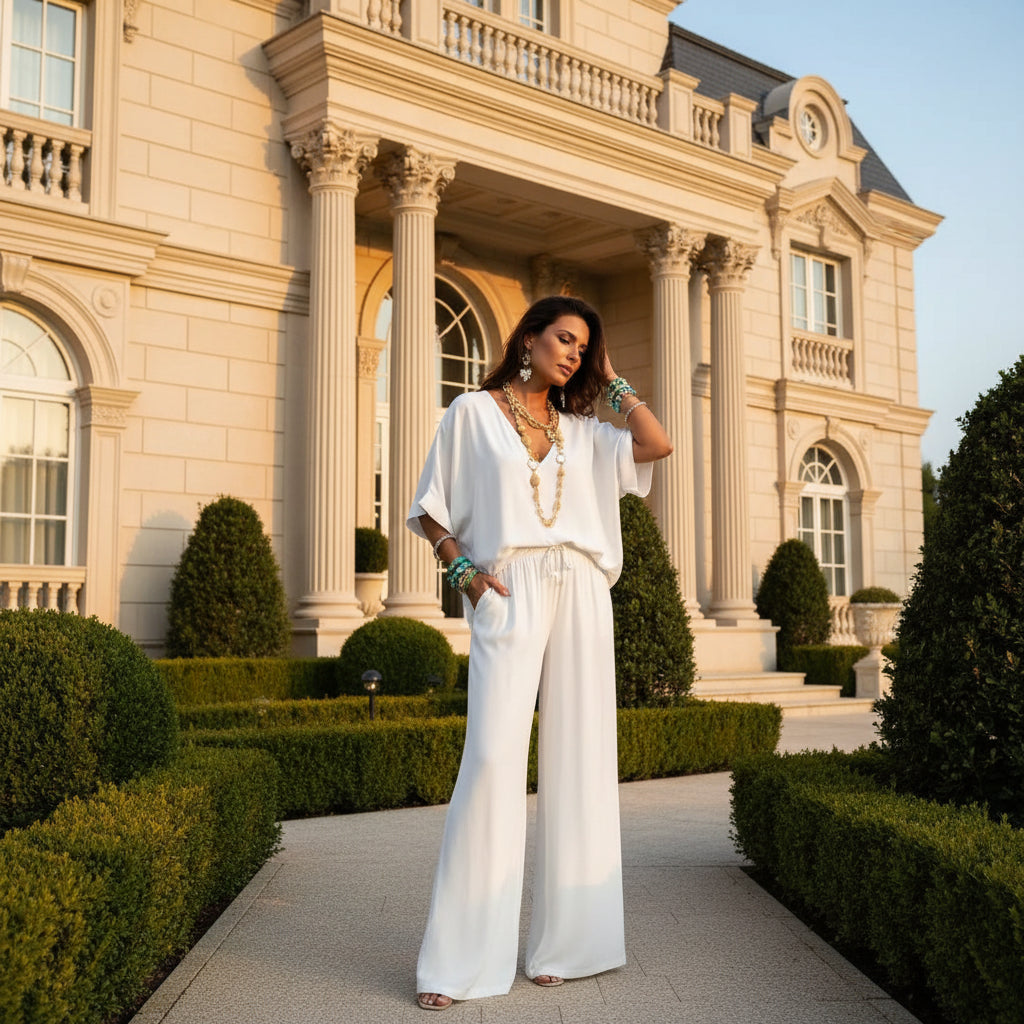 Woman in a white  pant set outfit in linen