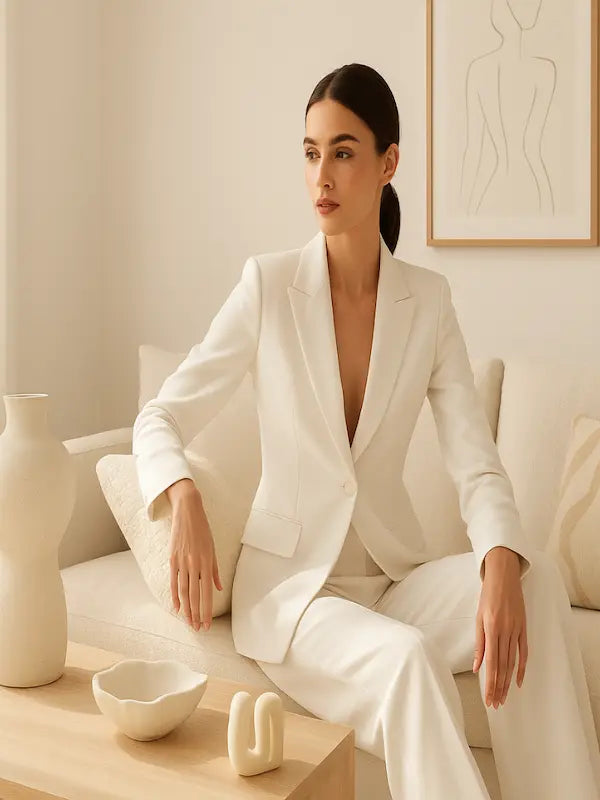Woman in a white suit sitting on a couch in a minimalistic room with a vase and abstract art.