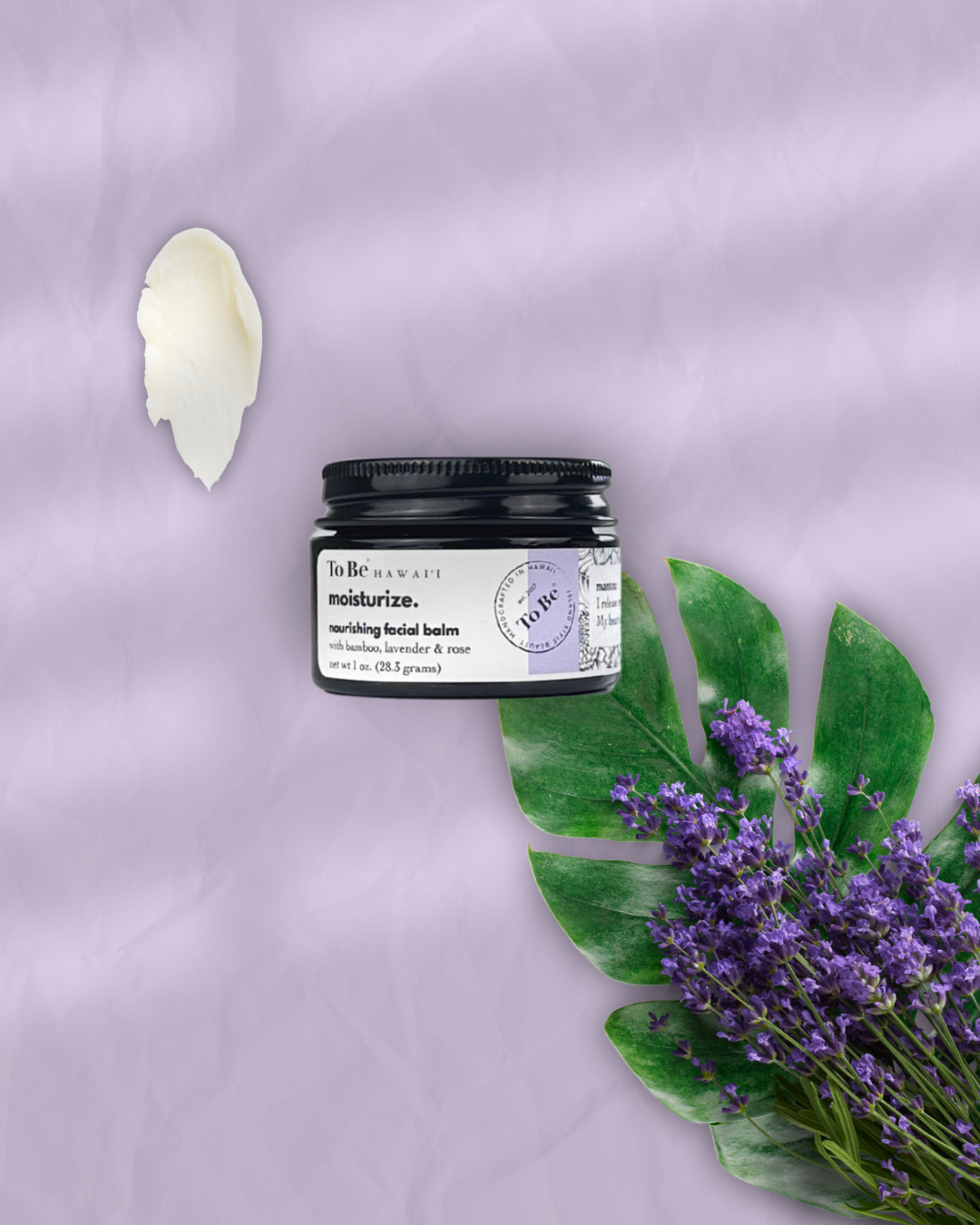 Jar of facial balm with lavender flowers and leaves 
