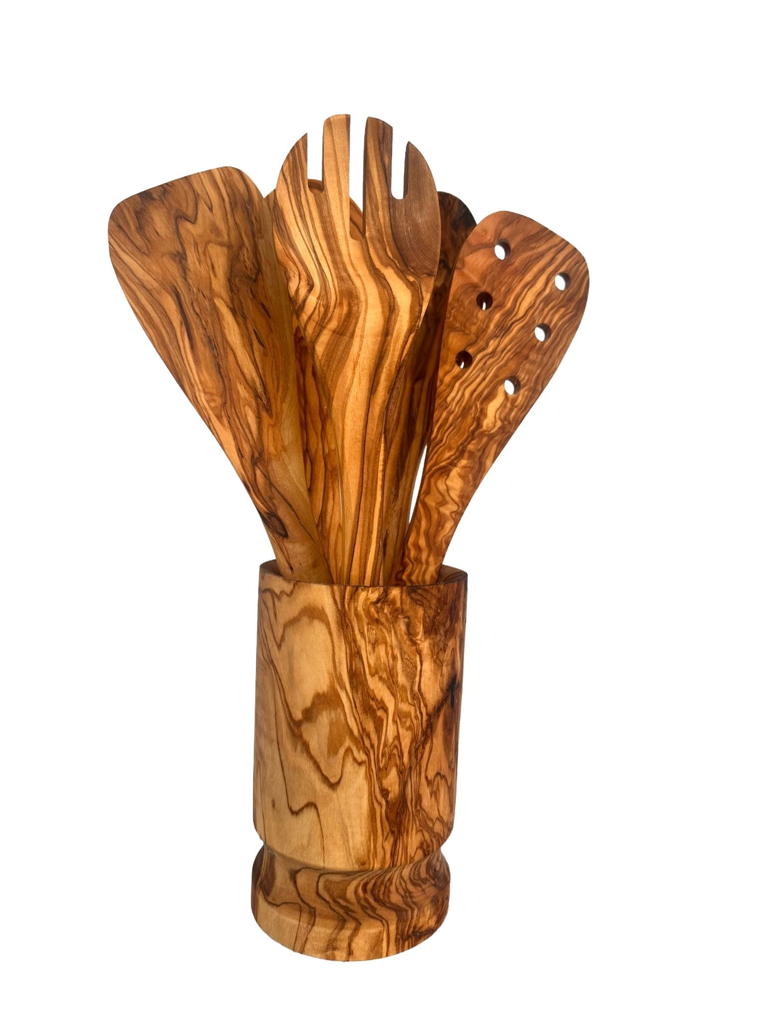 Set of wooden kitchen utensils including a ladle, spatula, and spoon in a holder 