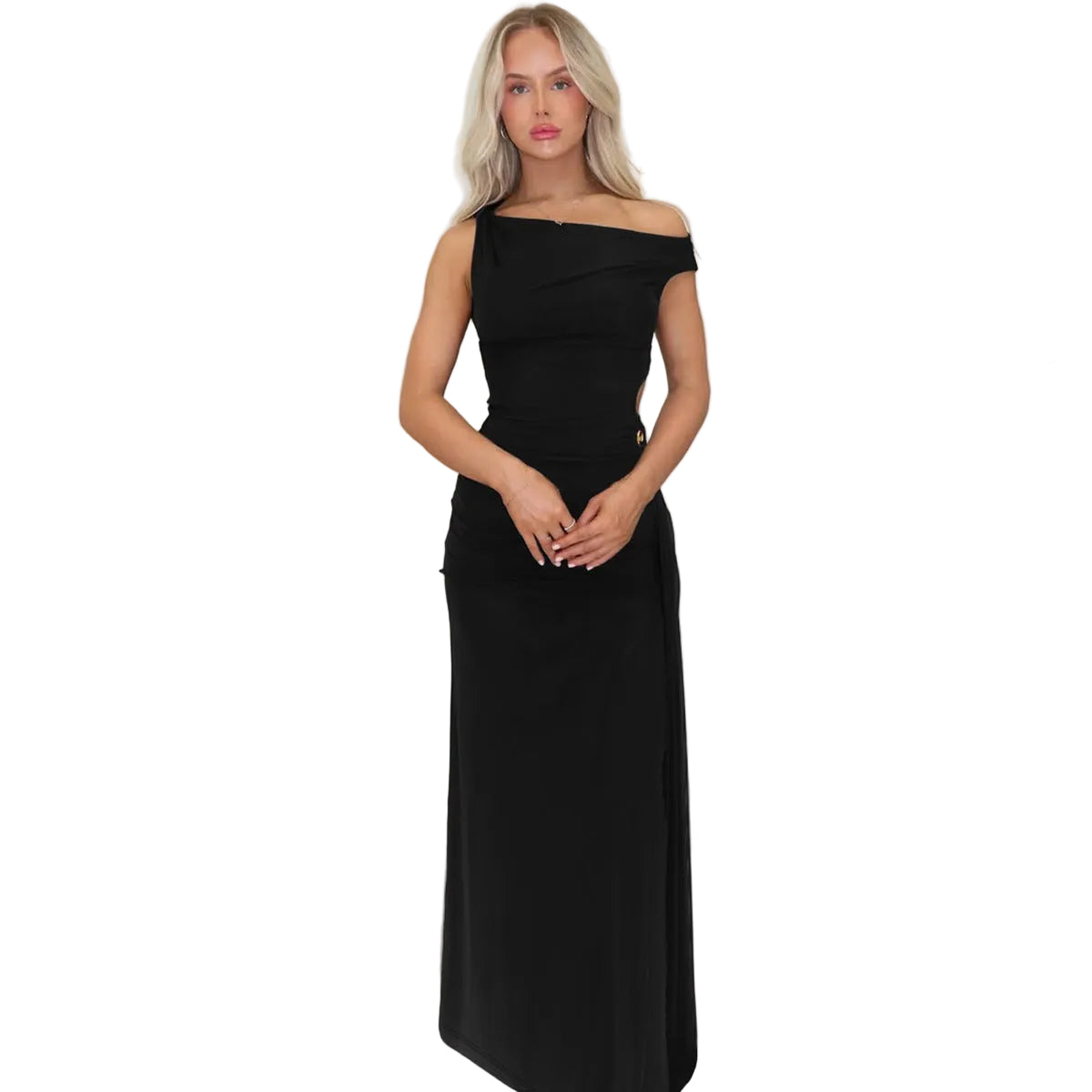 Black one-shoulder party dress - asymmetric fitted silhouette with leg slit for events

