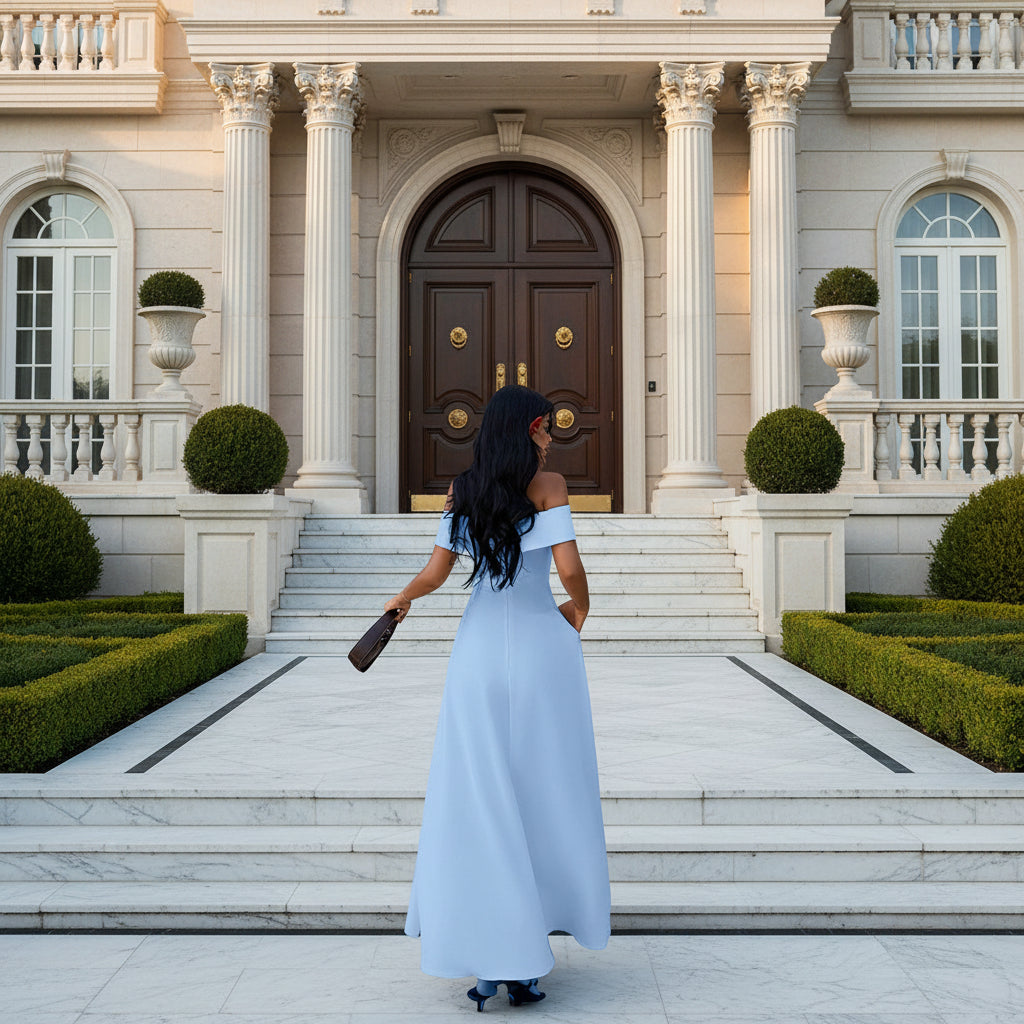 off shoulder bardot neckline maxi dress light blue women formal occasion
