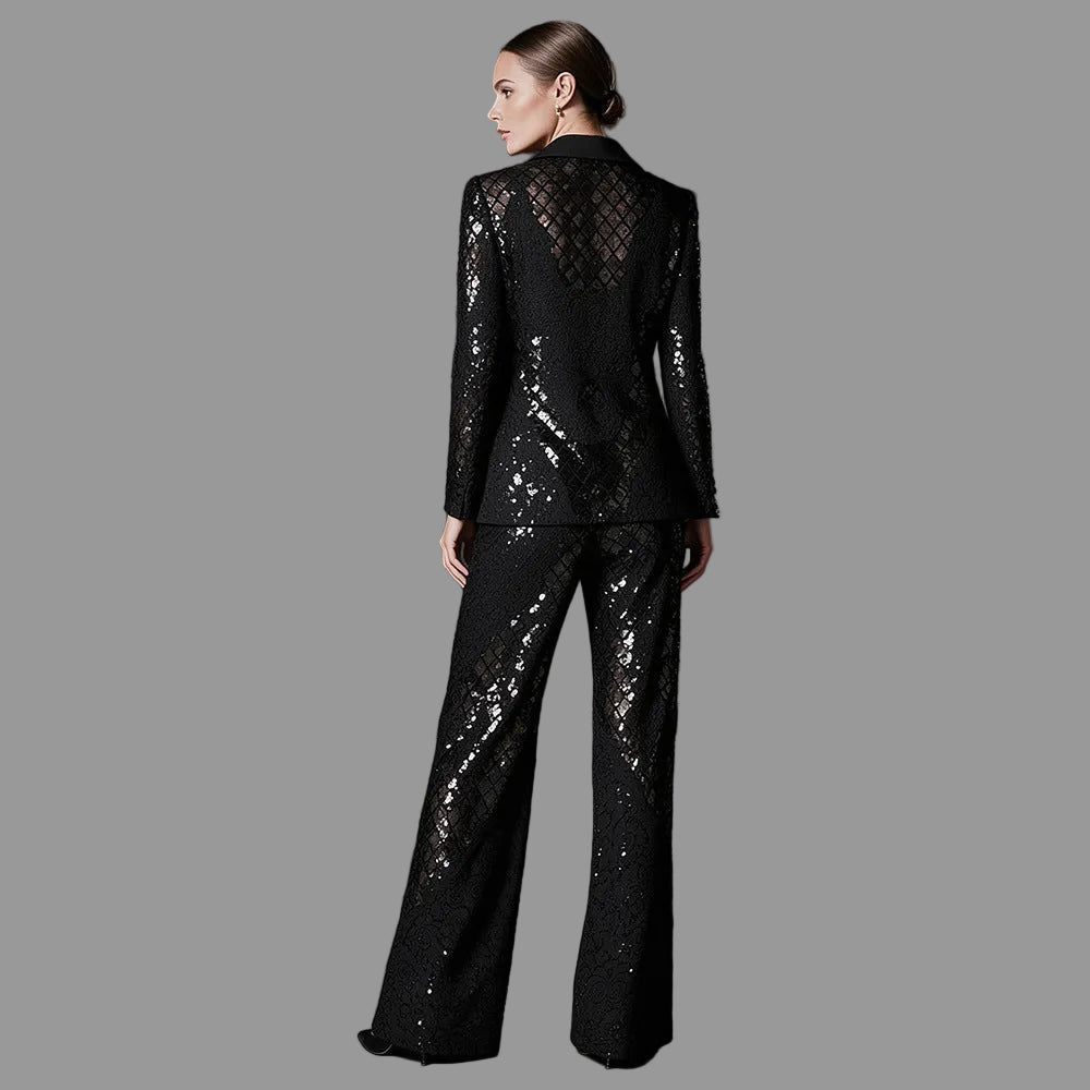Black sequin lace suit set on hangers, showing satin blazer lapels and a diamond-patterned design.
