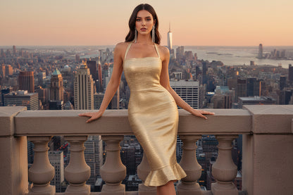 Women's gold metallic halter neck bodycon dress ruffle hem party

