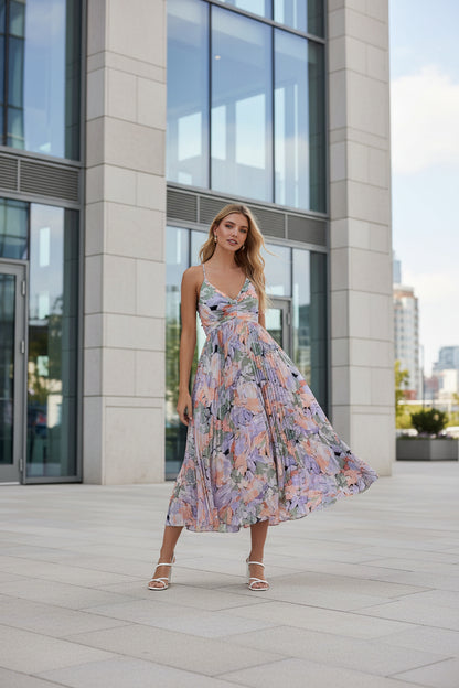 White floral print high waist lace-up midi dress – front view, pleated skirt European street fashion
