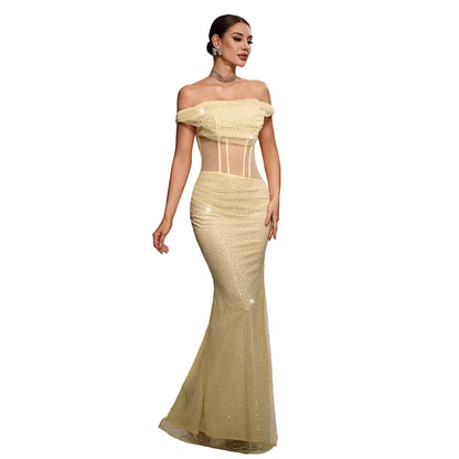 yellow sequined mermaid gown with off-the-shoulder neckline – luxury evening dress for weddings
