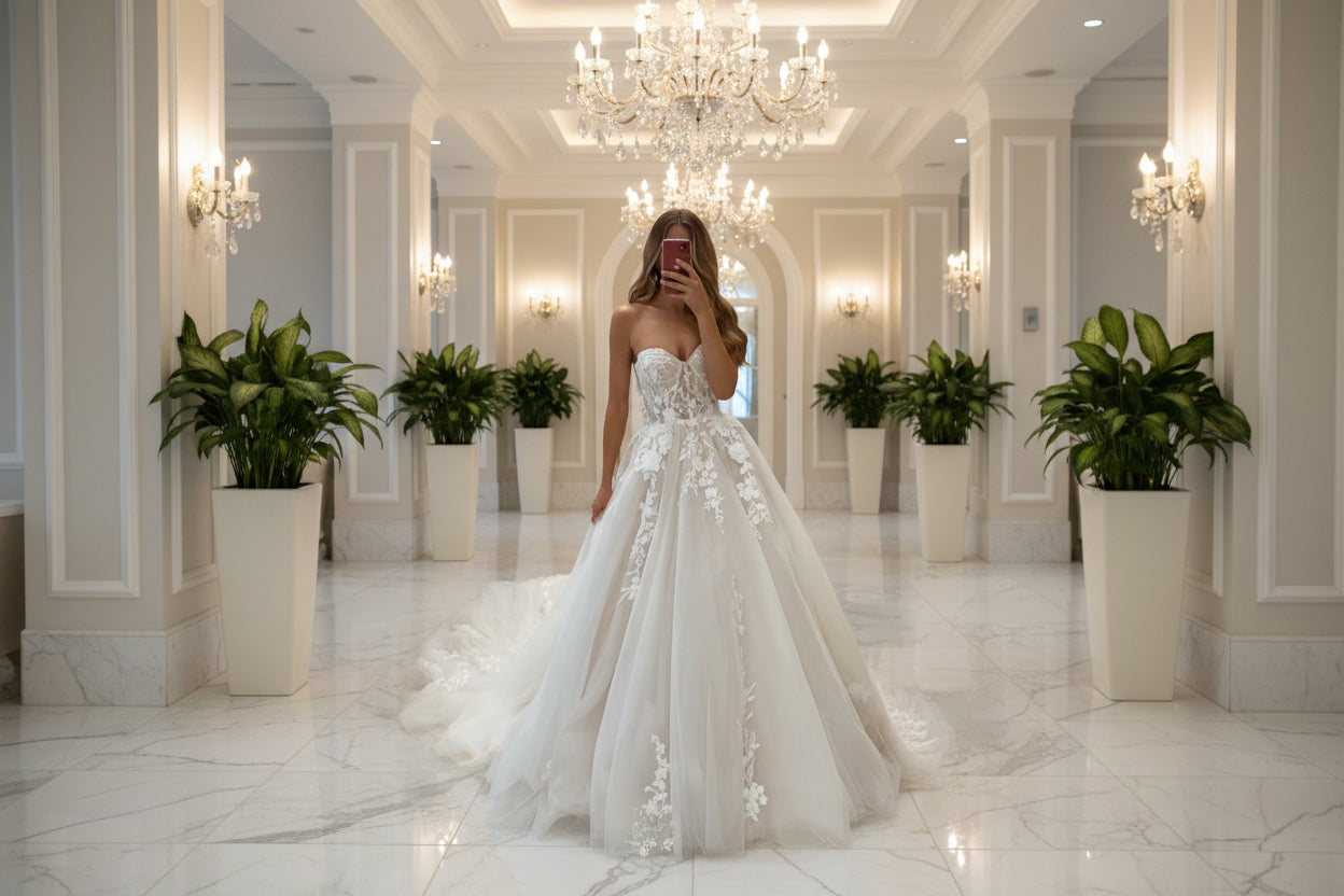 White strapless lace wedding dress mid-waist silhouette for all body types