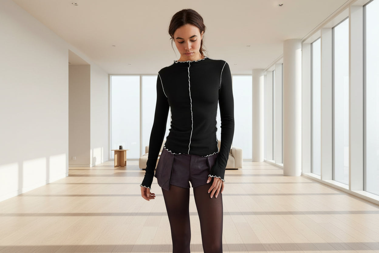 Crew neck contrast top - black ribbed long sleeve with white trim detail for athleisure style

