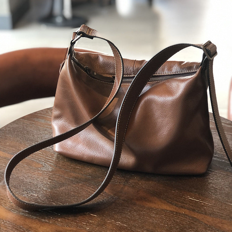 Large-Capacity Minimalist Genuine Leather Shoulder Crossbody Bag in Coffee