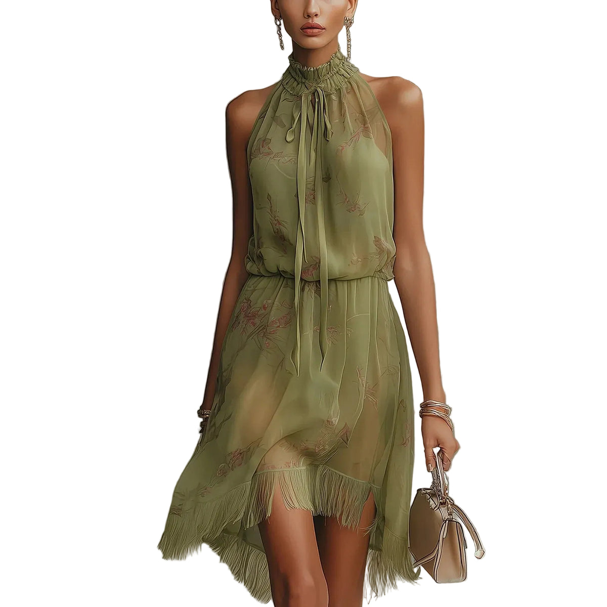 green emerald velvet dress Olive Green Fringe Halter Maxi Dress Green / 4