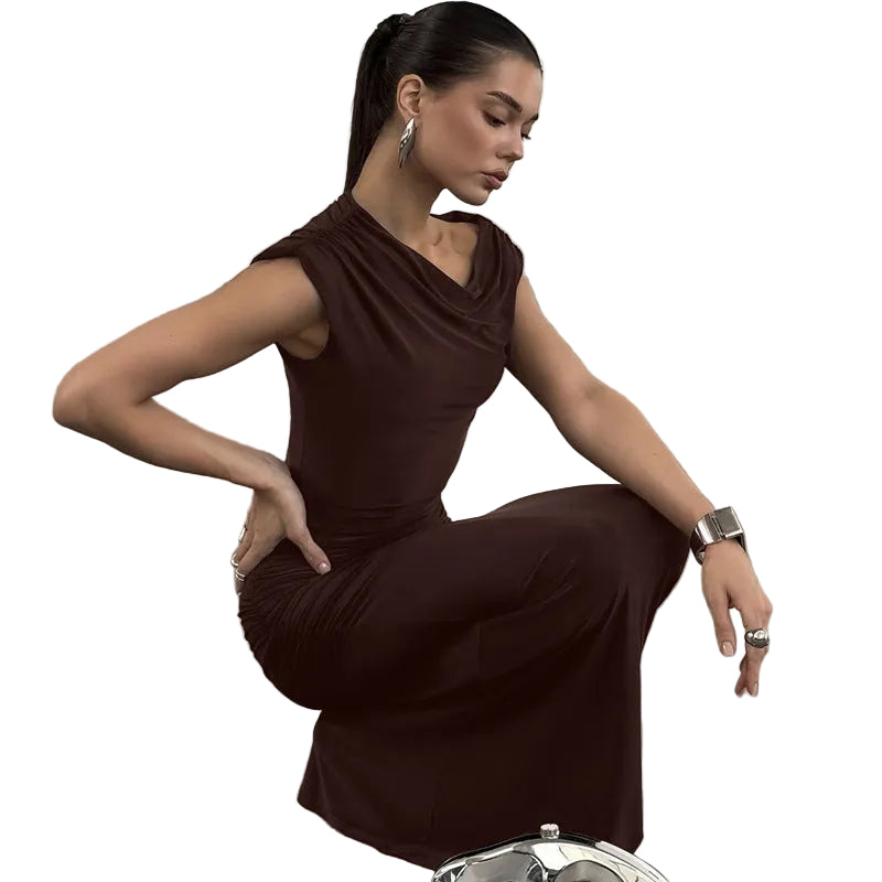 Formal brown evening gown - asymmetric one-shoulder dress with ruched waist detail

