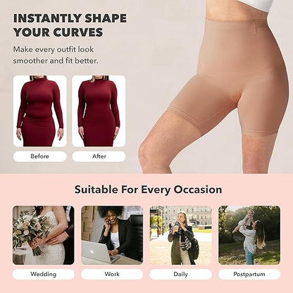 Shapewear product with before and after images of a person wearing a red dress, text 'Instantly Shape Your Curves', and lifestyle images of people in various settings.