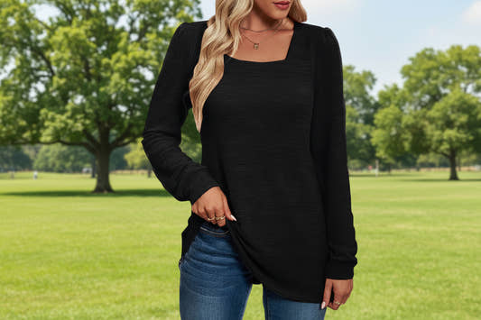 Plus size square neck top long sleeve casual women 1XL-5XL pullover

