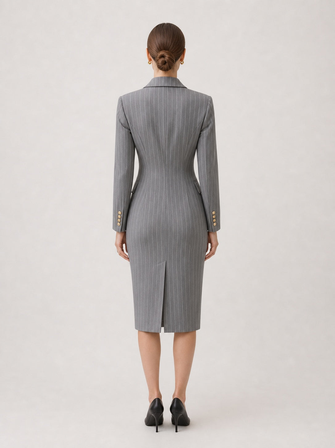 Grey Pinstripe Double-Breasted Blazer Midi Dress – view 2