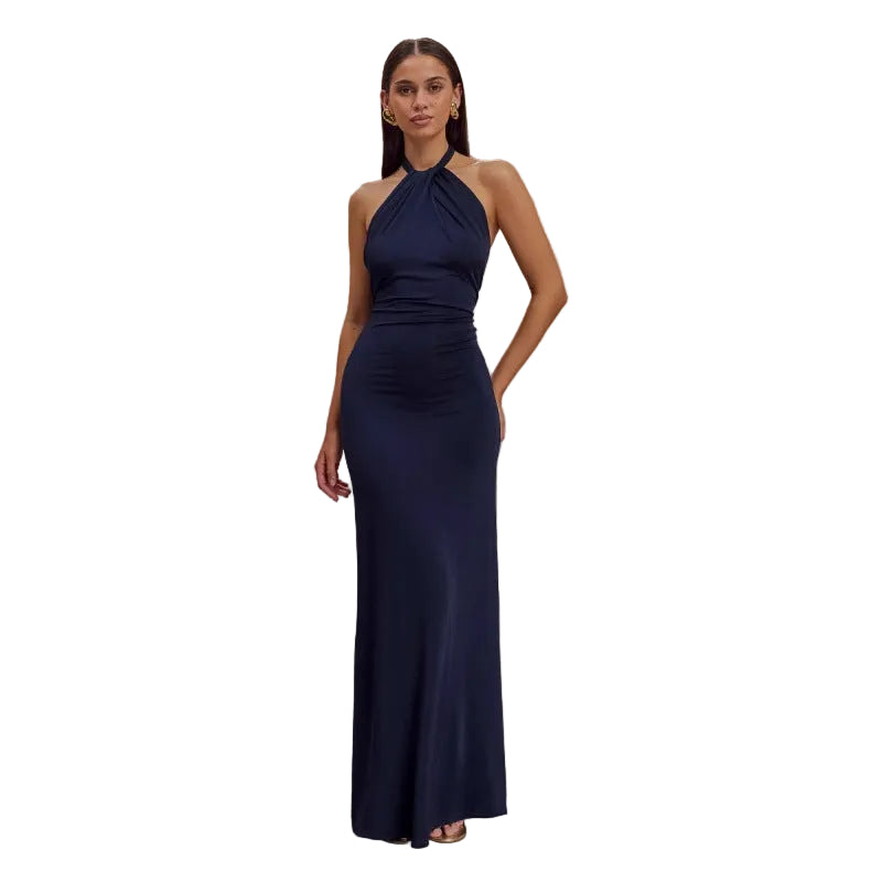 Dark blue backless maxi dress - halter neck formal gown for special occasions