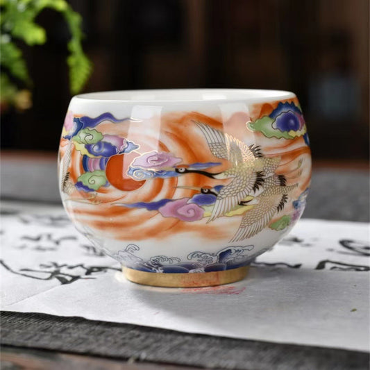 Handcrafted Auspicious Crane Ceramic Tea Cup with crane design