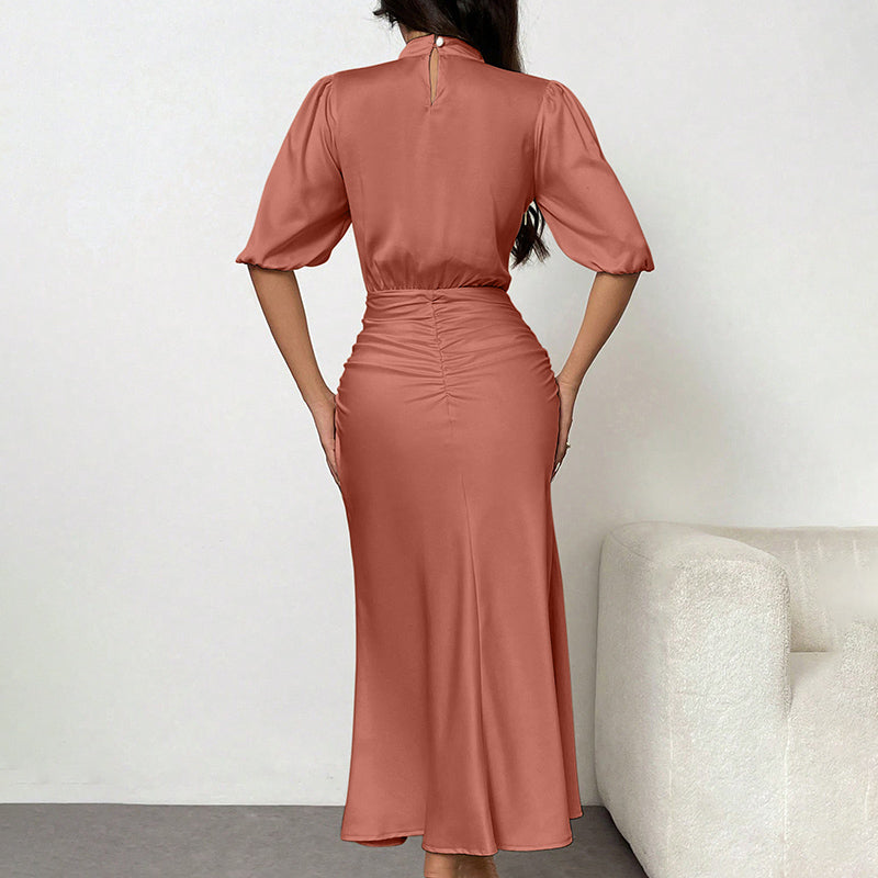 Ruched Satin Mock Neck Midi Dress – view 10