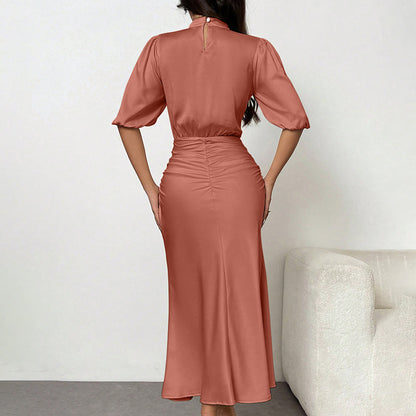 Ruched Satin Mock Neck Midi Dress