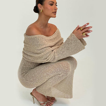 One-shoulder knitted long sleeve bodycon maxi dress in red – women's luxury occasion dress
