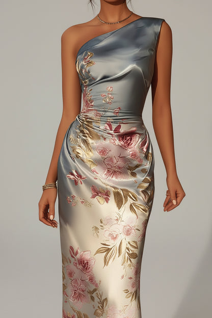 Fitted One-Shoulder Ruched Waist Midi Dress with Painterly Floral Print
