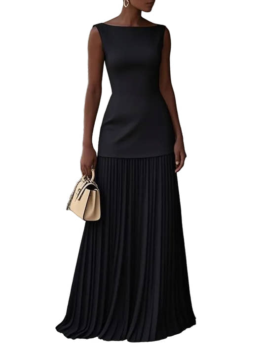 Boat-Neck Sleeveless Knit Top and High-Waist Accordion-Pleated Maxi Skirt Co-ord Elegant Set
