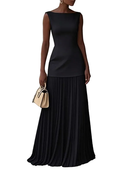 Boat-Neck Sleeveless Knit Top and High-Waist Accordion-Pleated Maxi Skirt Co-ord Elegant Set
