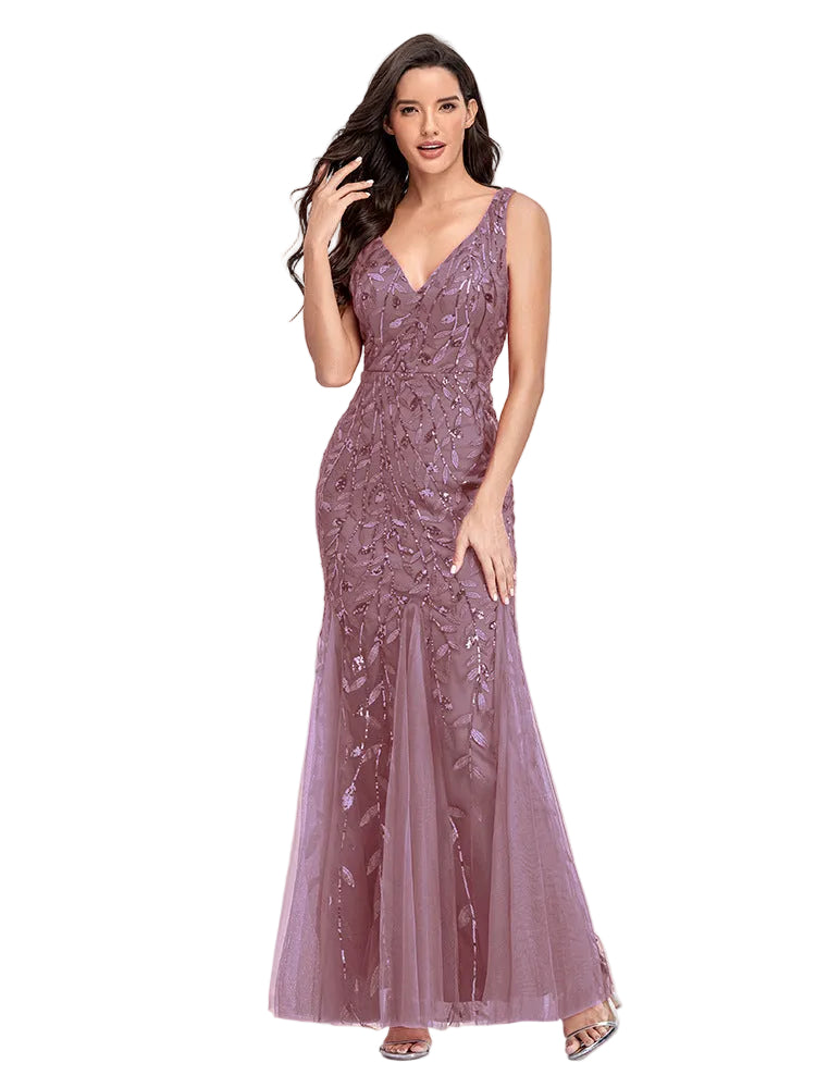 White sequin V-neck formal gown with tulle flare for prom and events