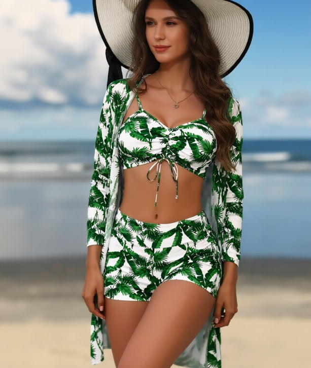 Tropical Palm Print Ruched Tie-Front Crop Top Swimsuit with Long Open Kimono Cover-Up Beach Set
