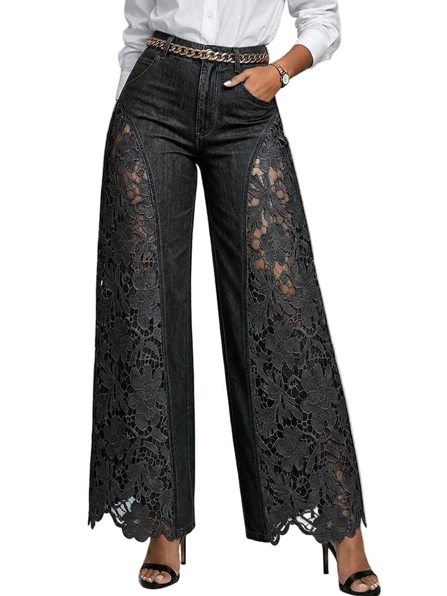 Black  high-waist wide-leg lace panel jeans with scalloped floral hem, front view on model
