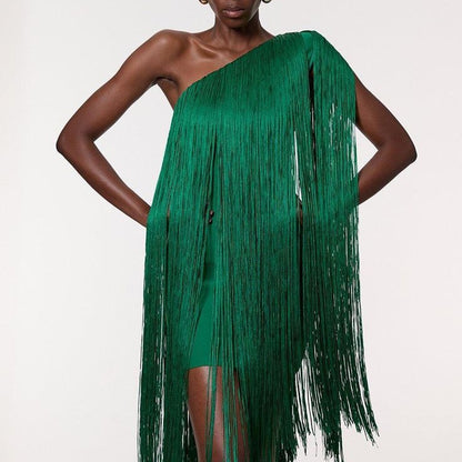 Women's one-shoulder occasion dress with fringe

