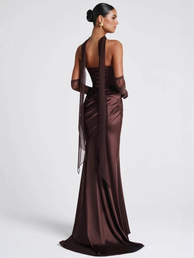 Brown formal mermaid gown - tube top dress with sheer gloves for wedding

