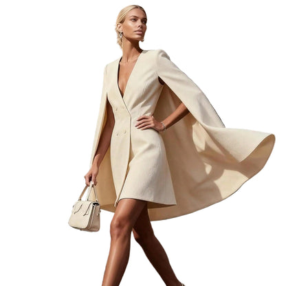 Woman in a cream-colored cape dress 