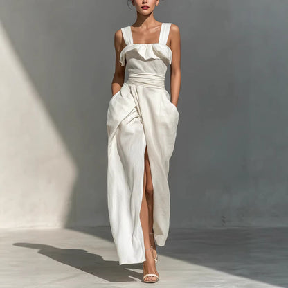 Sleeveless Wide Strap Square-Neck White Maxi Dress with Gathered Waist Tie and Floor-Length Skirt
